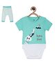 MINI KLUB Cotton Half Sleeves Treasure Island Text Embroidered Onesie With Striped Pant - Green
