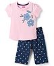 Babyhug Cotton Knit Half Sleeves Capri Night Suit with Floral & Polka Dots Print - Pink & Navy Blue