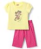 Babyhug Cotton Knit Half Sleeves Capri Night Suit with Kitty & Polka Dots Print - Yellow & Dark Pink