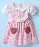 Babyhug Cotton Knit Half Puffed Sleeves Peter Pan Collared Frock with Strawberry Patch Detailing - Pink