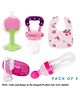 Numum Baby Fruit Feeder with Spoon Feeder and Fruit Teether with Finger Brush and bibs ( 1pcs each) (Bibs - Fruit Feeder - F Brush - Spoon feeder - fruit teether)- PINK ( color and design may vary)