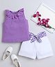 Aww Hunnie Sleeveless Lace Embellished Tank Top & Shorts With Belt Set - Violet