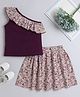 Aww Hunnie Cotton Blend One Shoulder Frill Detailed Floral Printed Top With Coordinating Skirt Set - Maroon