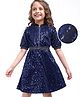 Hola Bonita Knit Half Sleeves Metallic Fabric Party Dress With Sequin Detailing - Navy Blue