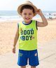 Babyhug Single Jersey Knit Sleeveless Tank T-Shirt & Shorts Set With Text Print - Lime Green & Blue