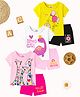 KUCHIPOO Cotton Blend Pack Of 3 Half Sleeves Baby Animals Printed Coordinating Tees & Shorts Set - Yellow Pink White Black & Magenta
