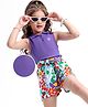 OLLINGTON ST. Cotton Rib Sleeveless Top & Floral Printed Shorts Set with Fabric Belt - Purple & Multicolor