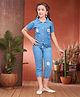 Aarika Denim Woven Half Sleeves Floral Printed Coordinating Shirt Style Top & Capris Set - Blue