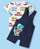 Babyhug Single Jersey Knit Dungaree & Half Sleeves T-Shirt With Beach Theme & Dino Print - Navy Blue