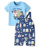 Babyhug Single Jersey Knit Dungaree & Half Sleeves T-Shirt With Beach Theme Print - Blue