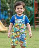 Babyhug Single Jersey Knit Half Sleeves T-Shirt & Dungree With Animal & Text Print - Blue