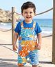 Babyhug Single Jersey Knit Dungaree & Half Sleeves T-Shirt With Leaves Print - Light Blue