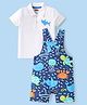 Babyhug Single Jersey Knit Dungaree & Half Sleeves Polo T-Shirt With Fish Print - Blue