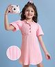 Hola Bonita Woven Collar Neck Half Sleeves Solid Colour Textured Frock - Pink
