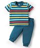Doodle Poodle 100% Cotton Knit Half Sleeve  Striped T-Shirt & Lounge Pant Set - Teal Blue
