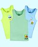 Kiddopanti Cotton Pack Of 3 Sleeveless Animals & Baby Monster Printed Vests - Neon Green Light Green & Blue