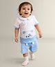 My Milestones 100% Cotton Half Sleeves Dog Patch Embroidered & Applique Detailed Bio Washed Tee & Shorts Set - White & Blue