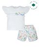 My Milestones 100% Cotton Cap Sleeves Schiffli Embroidered Floral Printed & Bow Applique Detailed Coordinating Top & Shorts Set - White