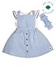 My Milestones 100% Cotton Checked Dungaree With Cap Sleeves Top & Bow Applique Detailed Headband Set - Blue & White