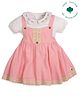 My Milestones 100% Cotton Lace Embellished Dungaree Dress With Half Puffed Sleeves Floral Embroidered Top - White & Pink