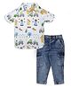 My Milestones Soft Muslin Half Sleeves House Printed Shirt With Pocket Detailed Jeans - White & Denim