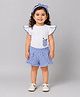 My Milestones 100% Cotton Tulip Sleeves Checked & Floral Embroidered Coordinating Tee & Shorts With Headband Set - White & Blue