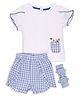 My Milestones 100% Cotton Tulip Sleeves Checked & Floral Embroidered Coordinating Tee & Shorts With Headband Set - White & Blue