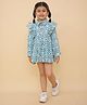 Little Ginnie Cotton Full Peasant Sleeves Ikat Printed Shirt Style Dress - Blue