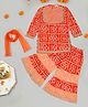Little Ginnie Cotton Full Sleeves Bandhani Designed & Lace Embellished Kurta With Coordinating Sharara & Dupatta Set - Orange
