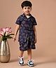 MoMaa Cotton Half Sleeves Elephant Motifs Printed Shirt With Coordinating Shorts Set - Blue
