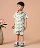 MoMaa Cotton Half Sleeves Elephant Motifs Printed Shirt With Coordinating Shorts Set - Green & White