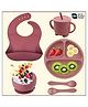 Ortis 6 Pcs Silicone Baby Feeding Set, BPA Free & Microwave Safe Dinner Tableware Kit - Feeding Bowl, Suction Plate, Cup, Spoon, Fork & Bib for Kids (Pink)
