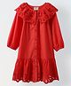 Spunkies Cotton Woven Full Sleeves Schiffli Embroidered  Dress - Red