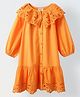 Spunkies Cotton Woven Full Sleeves Schiffli Embroidered  Dress - Orange