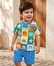 Babyhug Single Jersey Knit Half Sleeves T-Shirt & Shorts Set with Tropical Theme & Rainbow Print - Blue
