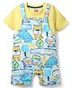 Babyhug Single Jersey Knit Half Sleeves T-Shirt & Dungaree With Animal Print - Light Blue & Yellow
