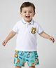 Babyhug 100% Cotton Single Jersey Knit Half Sleeves Polo T-Shirt & Shorts Set with Jungle Theme Print & Patch Detailing - Light Blue & White