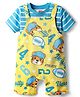 Babyhug Single Jersey Knit Dungaree & Half Sleeves T-Shirt With Animal Print - Yellow & Blue