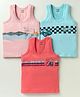 CUCUMBER Sinker Knit Sleeveless Guitar & Car Theme Printed Vests Pack Of 3 - Pink Light Blue & Red