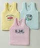 CUCUMBER Sinker Knit Sleeveless Beach Theme Printed Vests Pack Of 3 - Light Blue Baby Pink & Yellow