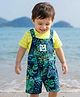 Babyhug Single Jersey Knit Half Sleeves T-Shirt & Dungaree With Tropical Print - Limegreen & Teal Blue