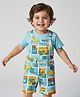 Babyhug Single Jersey Knit Dungarees & Half Sleeves T-Shirt With Tropical Theme Print - Light Blue
