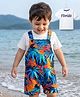 Babyhug Single Jersey Knit Half Sleeves T-Shirt & Dungaree With Tropical Print - White & Navy Blue