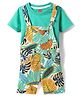 Babyhug Single Jersey Knit Tropical Print Dungarees & Half Sleeves Solid Colour Inner Tee - Sea Green