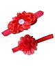 Akinos kids Set Of 2 Soft Satin & Georgette Flower Applique Detailed & DIamond Embellished Headbands - Red