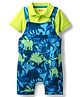 Babyhug Single Jersey Knit Dungaree & Half Sleeves Polo Inner Tee With Dino Print - Blue & Green