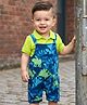 Babyhug Single Jersey Knit Dungaree & Half Sleeves Polo Inner Tee With Dino Print - Blue & Green
