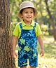 Babyhug Single Jersey Knit Dungaree & Half Sleeves Polo Inner Tee With Dino Print - Blue & Green
