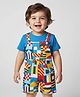 Babyhug Single Jersey Knit Printed Dungaree & Half Sleeves T-Shirt - Blue