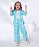 Ministitch Smile Text Printed Top & Pant With Three Fourth Puffed Sleeves Jacket Set - Blue